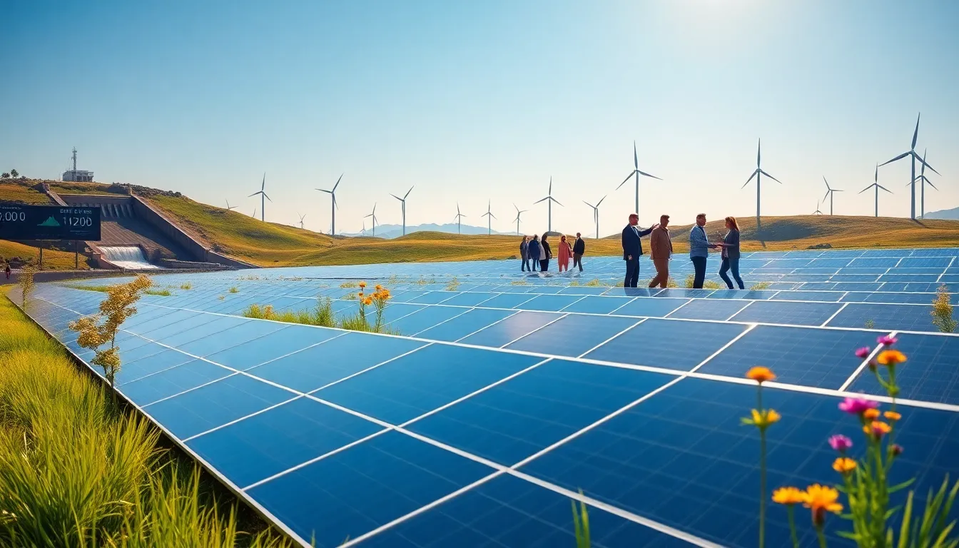 a solar farm with wind turbines and a hydroelectric dam under a sunny sky.
