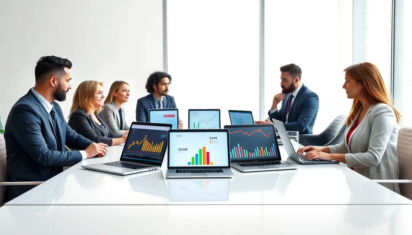 diverse financial analysts discussing brokerage fees in a modern office.