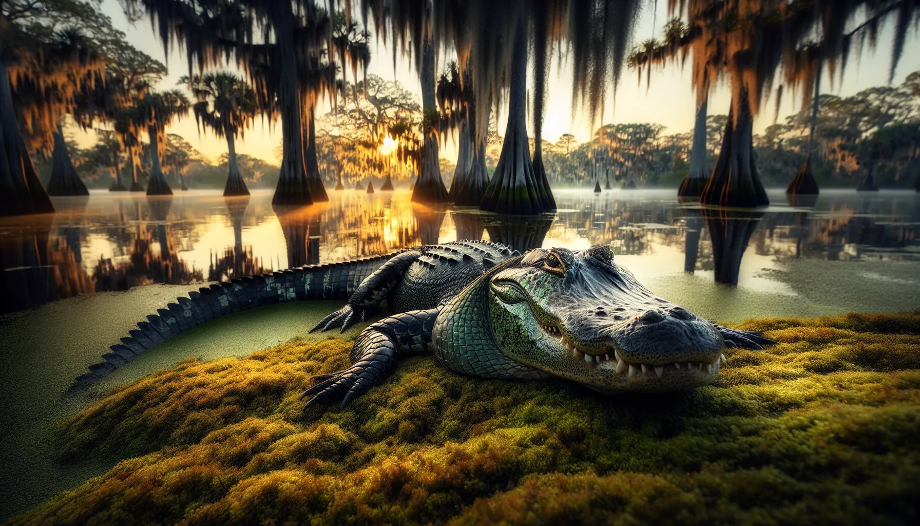 a calm alligator on a bank with a lurking crocodile nearby.