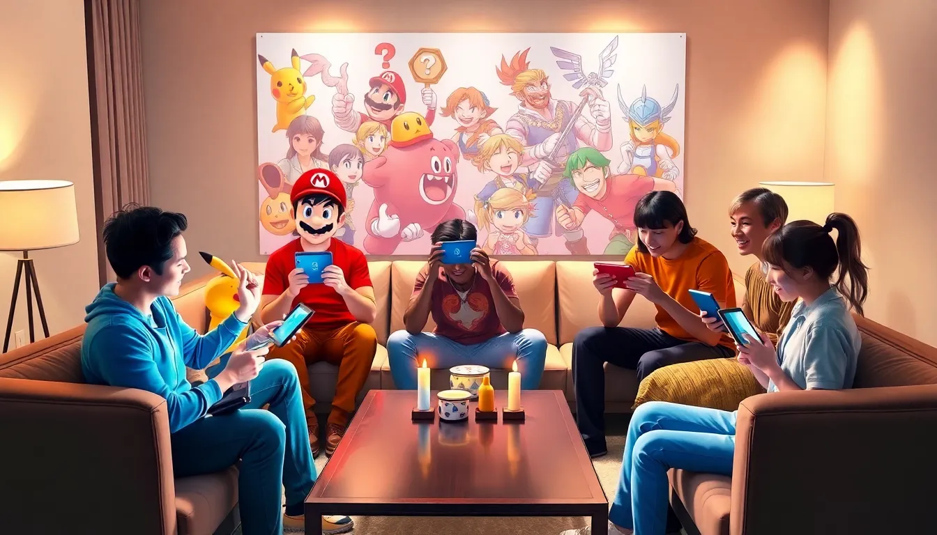 diverse players enjoying Super Smash Bros in a modern living room.