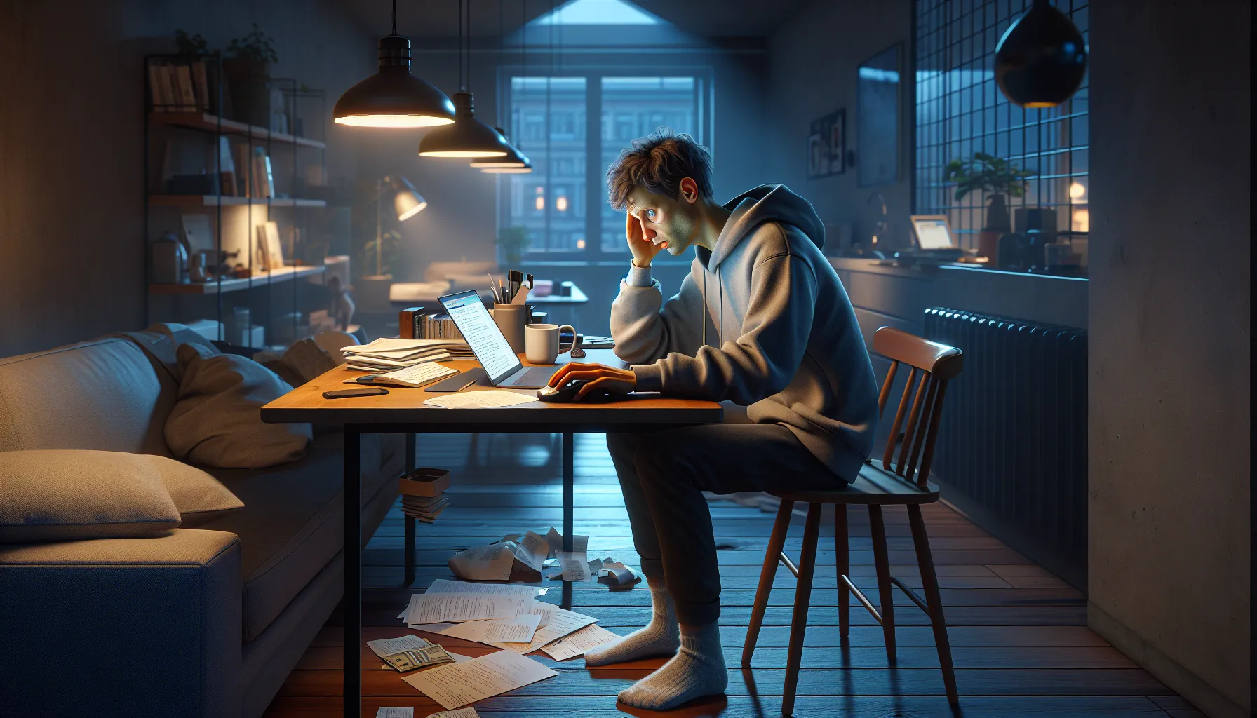 Hvordan stress stjeler energien din – og hva du kan gjøre med det 2 Exhausted norwegian adult at home, surrounded by work, screens, and constant stress.