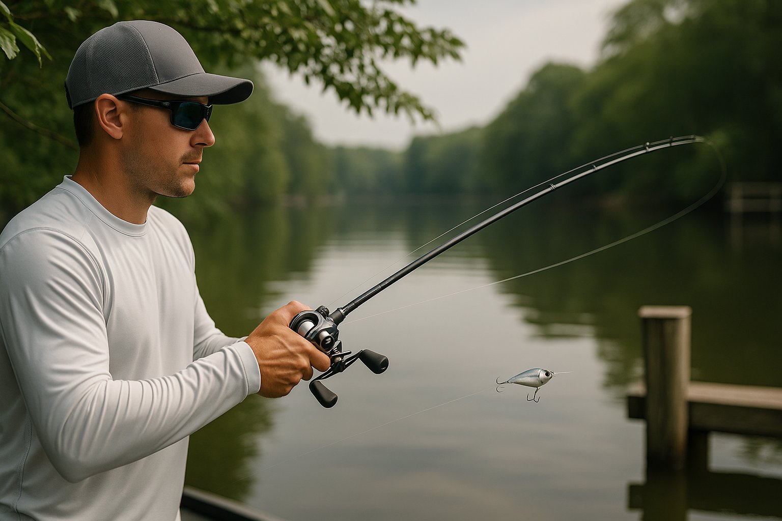Angler making a precise baitcaster cast toward cover on calm water.