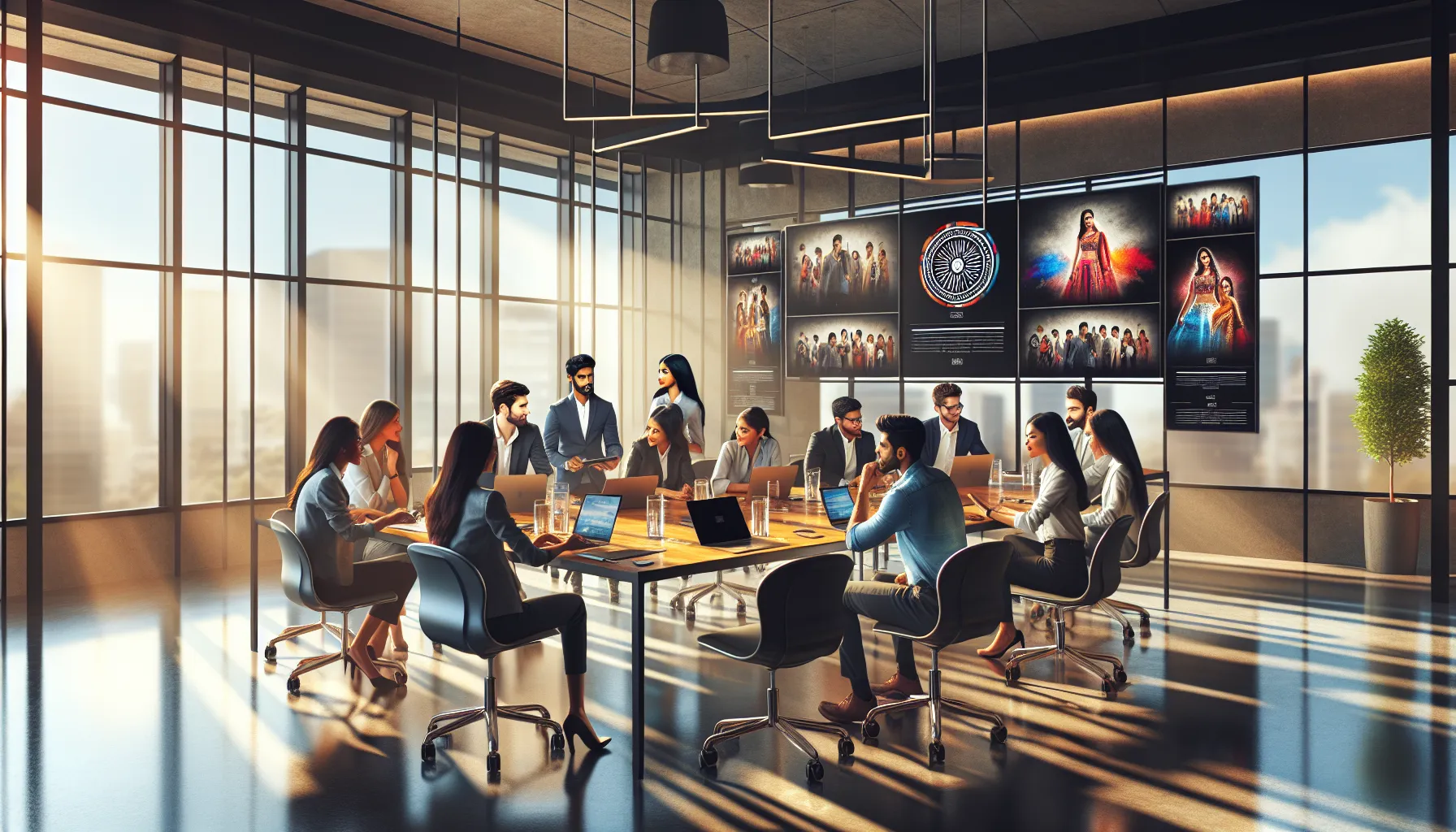 diverse team discussing Telugu cinema in a modern office.