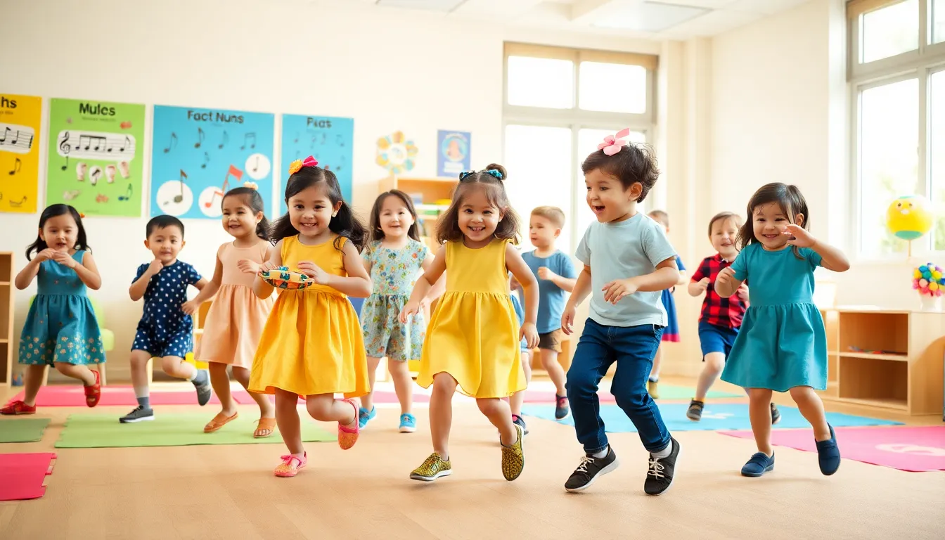 preschoolers engaged in music and movement activities.