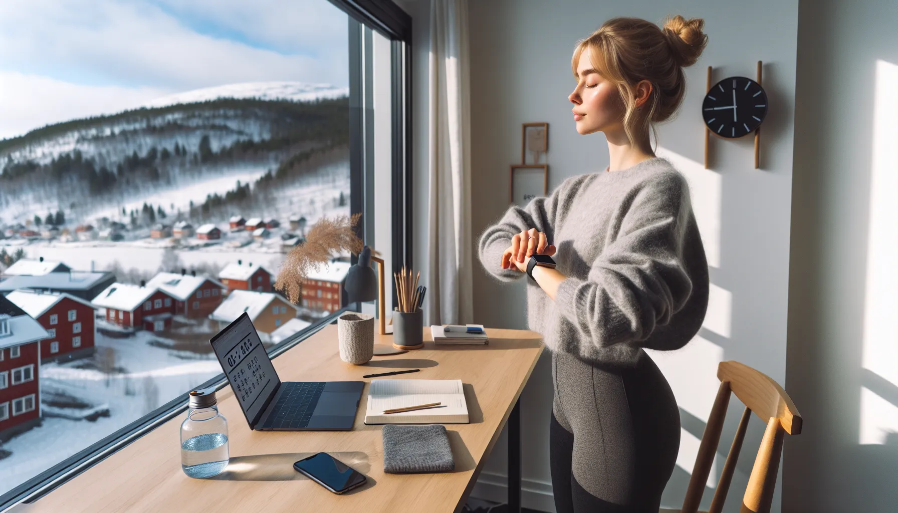 Fordelene med å ta pauser under lange studieøkter 3 Norwegian student stretching by a window during a calm study break.
