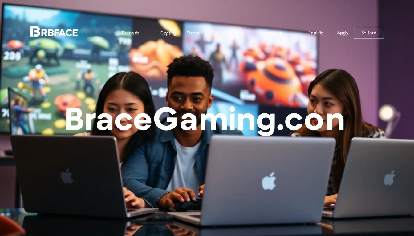 diverse gamers engaged with laptops in a modern workspace.