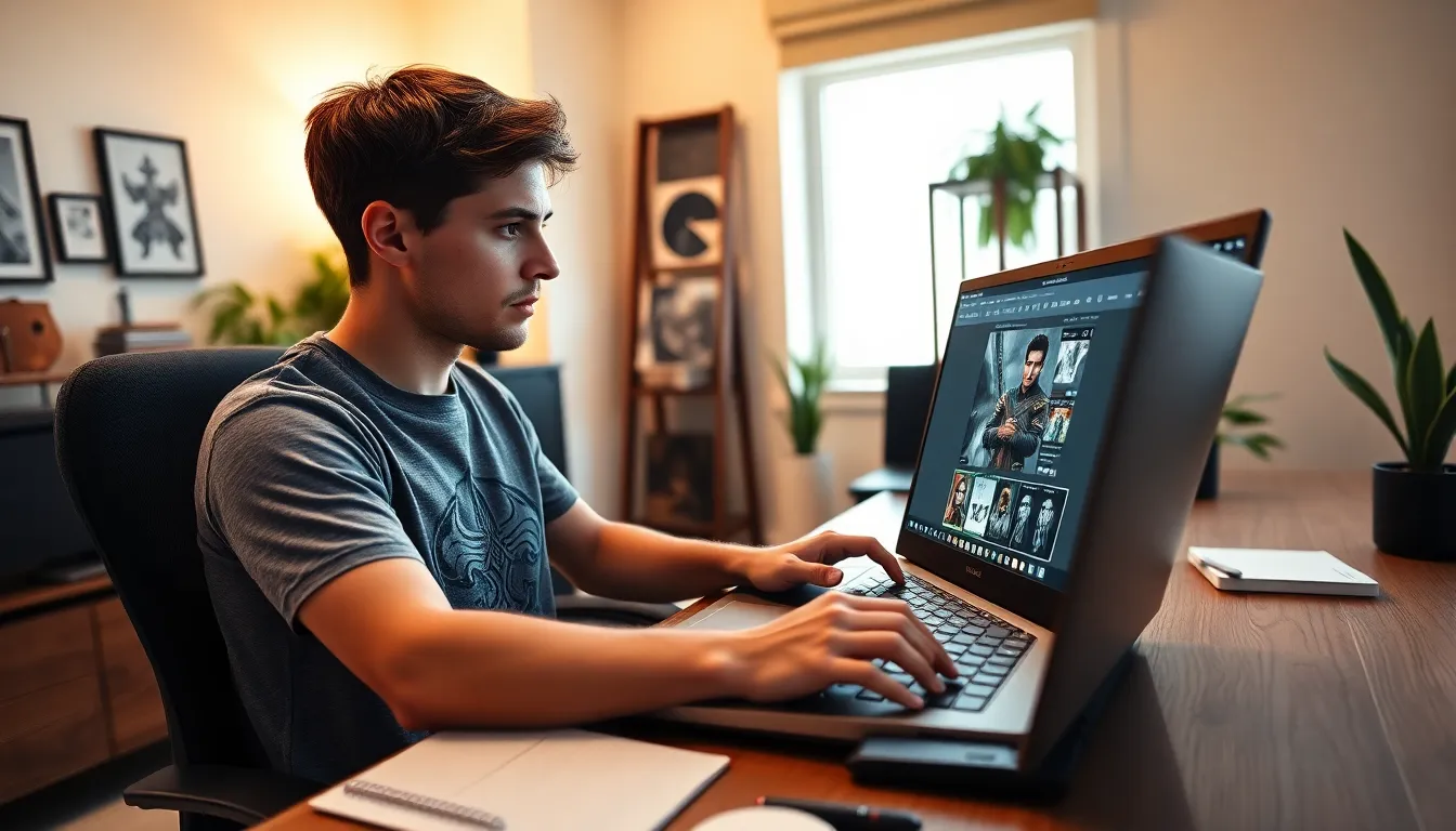 a young man creating a character in CK2Generator on his laptop at home.
