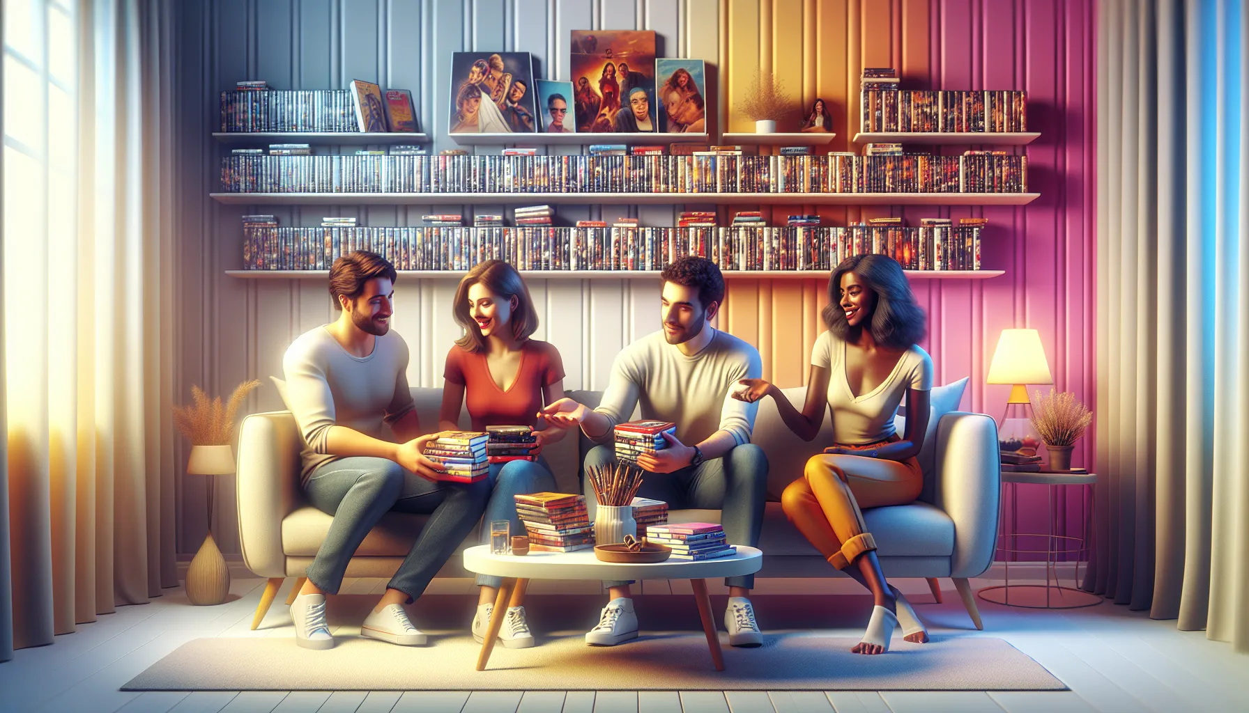 group of people exchanging DVDs in a cozy living room.