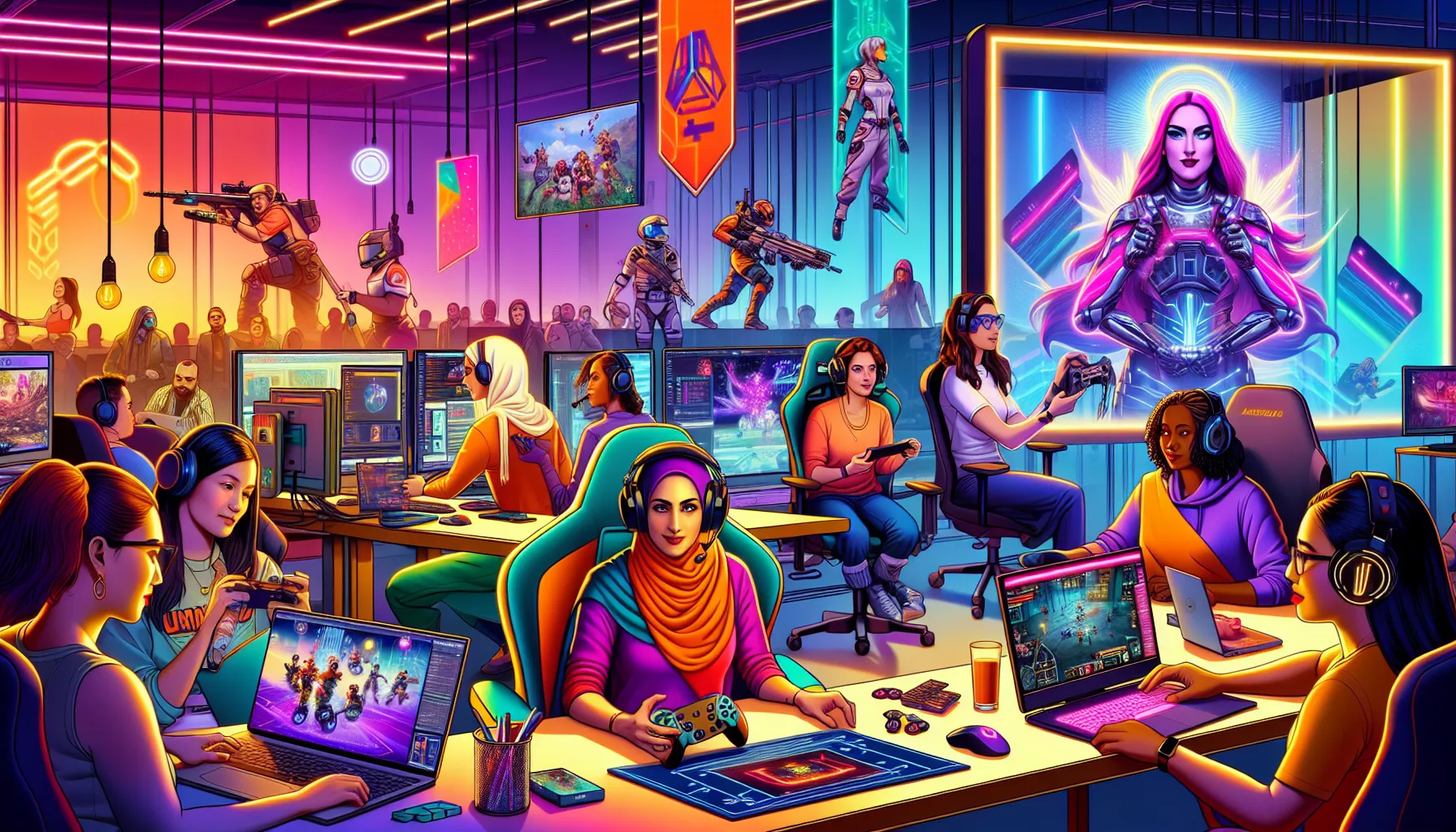 diverse female gamers in a modern gaming studio.