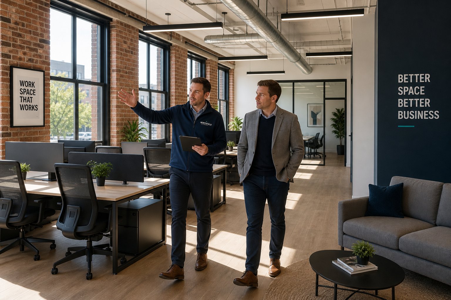 Surveyor and buyer inspecting a modern office space with natural daylight.