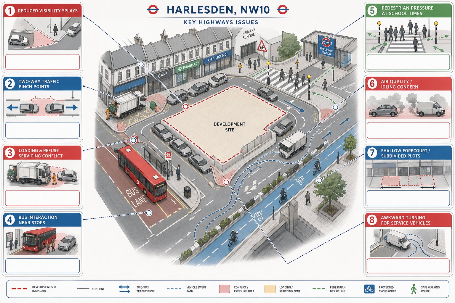 Harlesden street infographic showing narrow roads, buses, parking, servicing, and pedestrian safety issues.