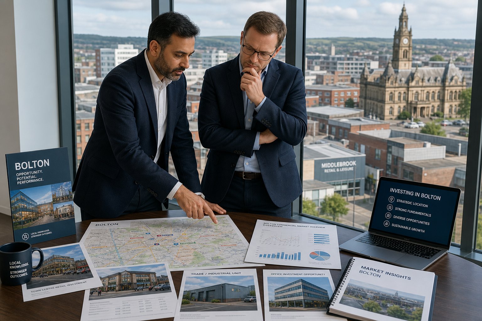 Property adviser and investor reviewing Bolton commercial market information in a bright office.