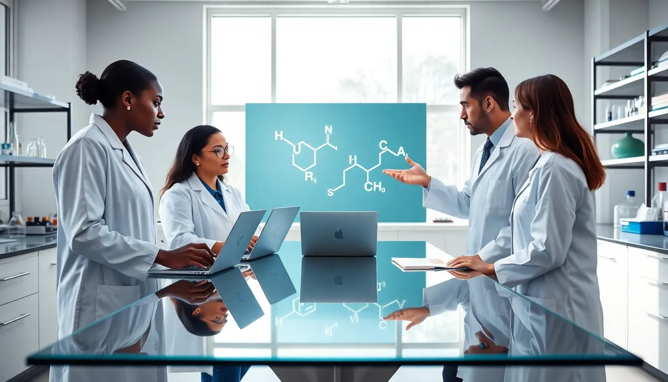 diverse scientists discussing Albaandthayron's properties in a modern lab.