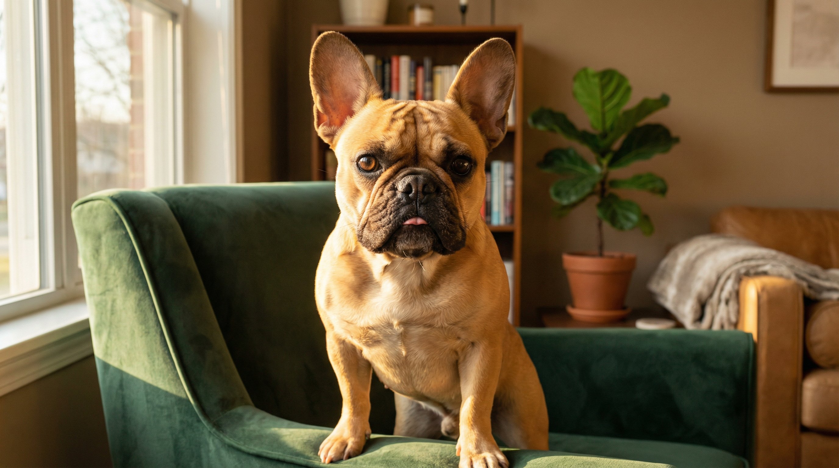 Expressive fawn French Bulldog sitting regally on a velvet armchair in warm light.