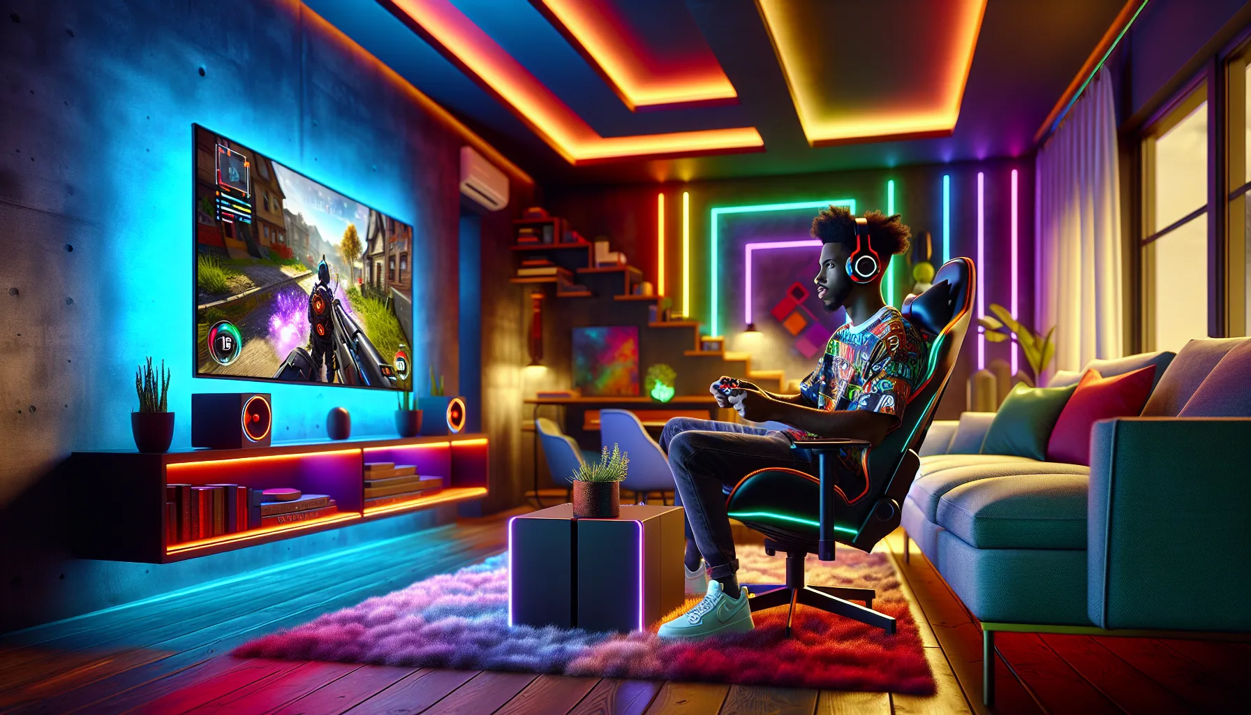 a young gamer in a stylish living room focused on a high-refresh-rate TV.