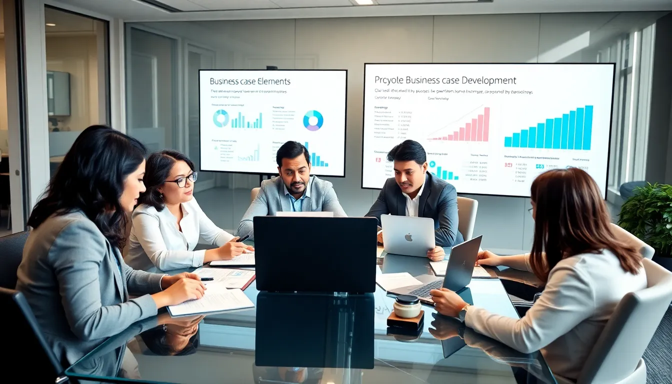 diverse professionals collaborating on a business case in a modern office.