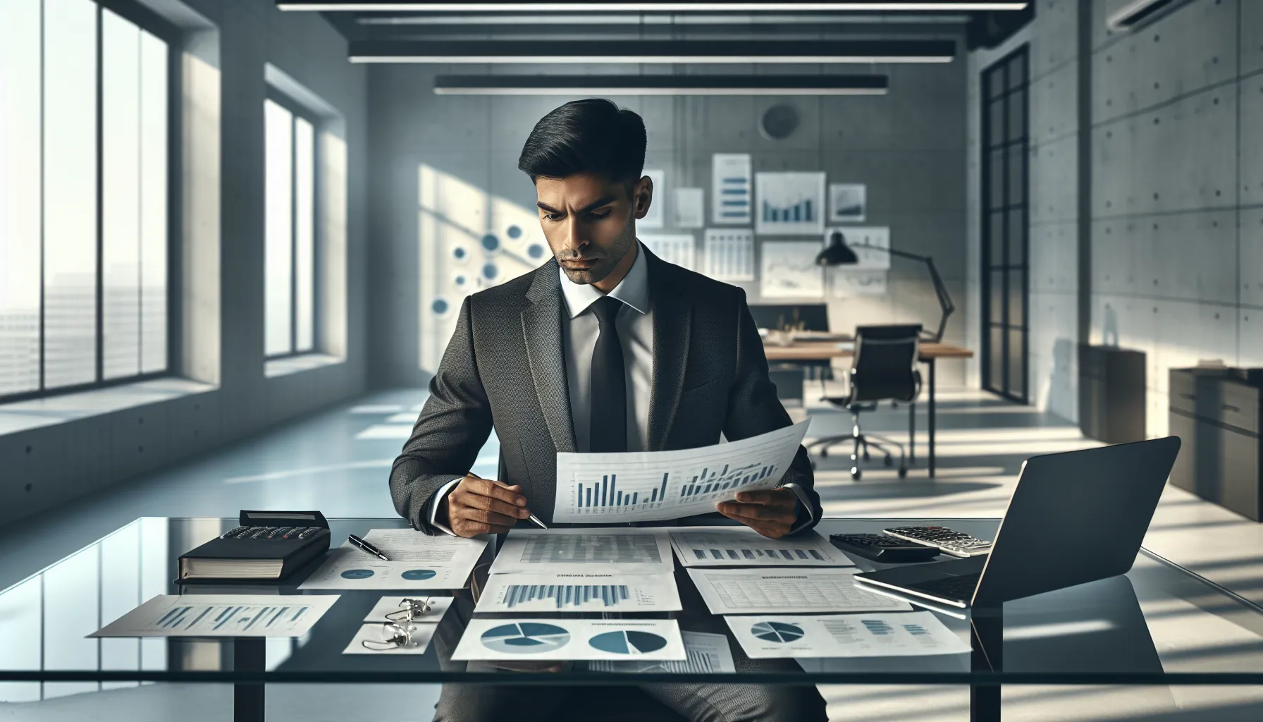 Croatian professional reviewing financial documents at modern office desk