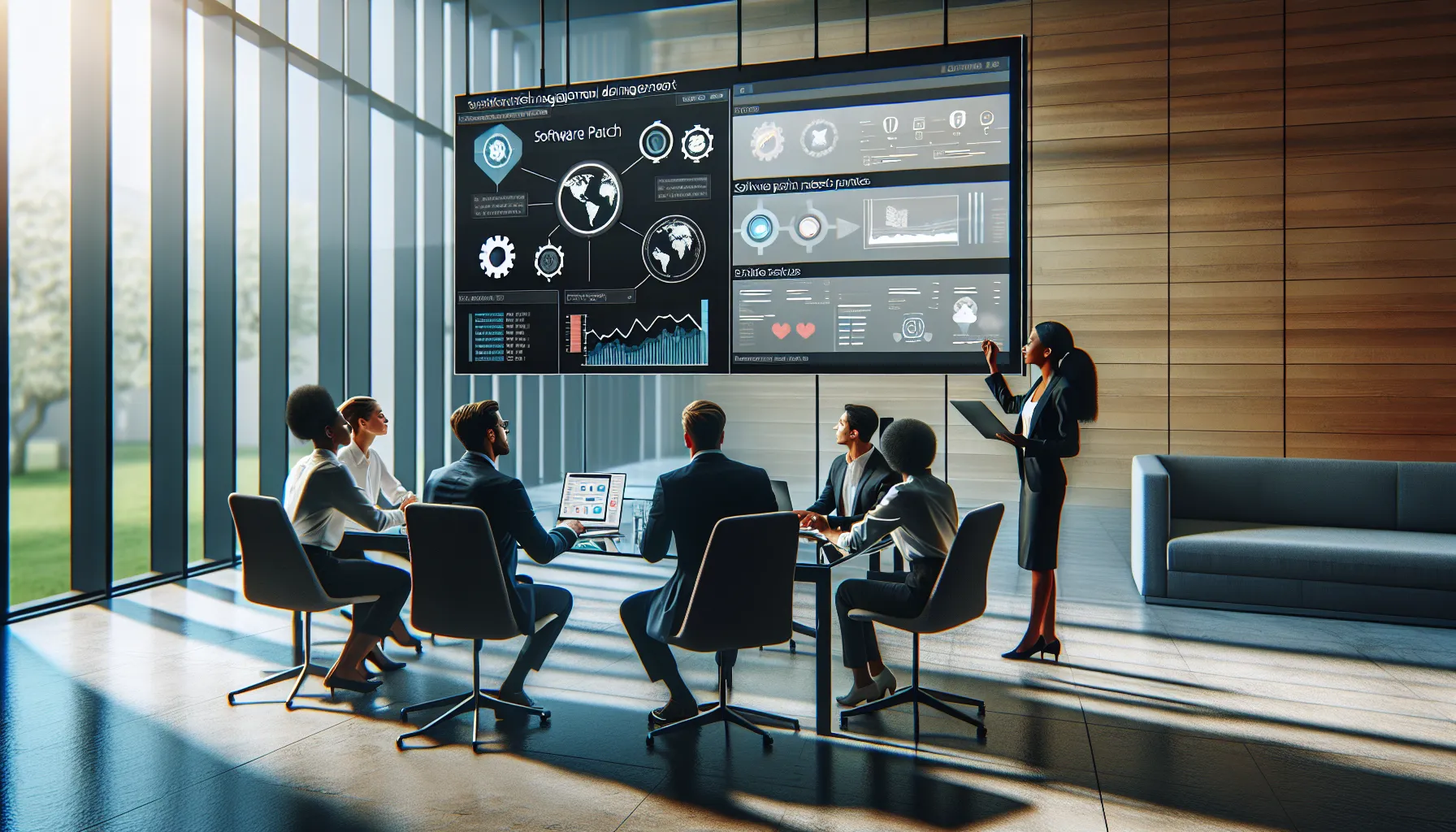 diverse tech team collaborating on software patch management.