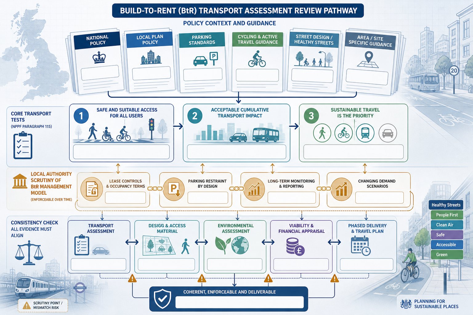 UK planning infographic showing Build-to-Rent transport assessment policy and review checks.