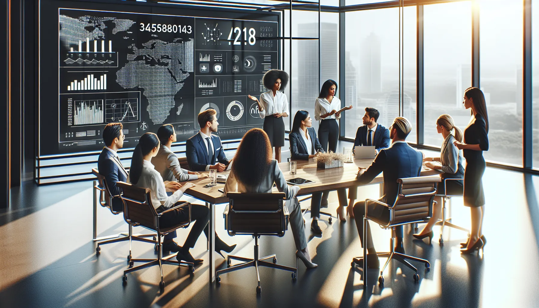 diverse professionals collaborating over future tech implications in an office setting.