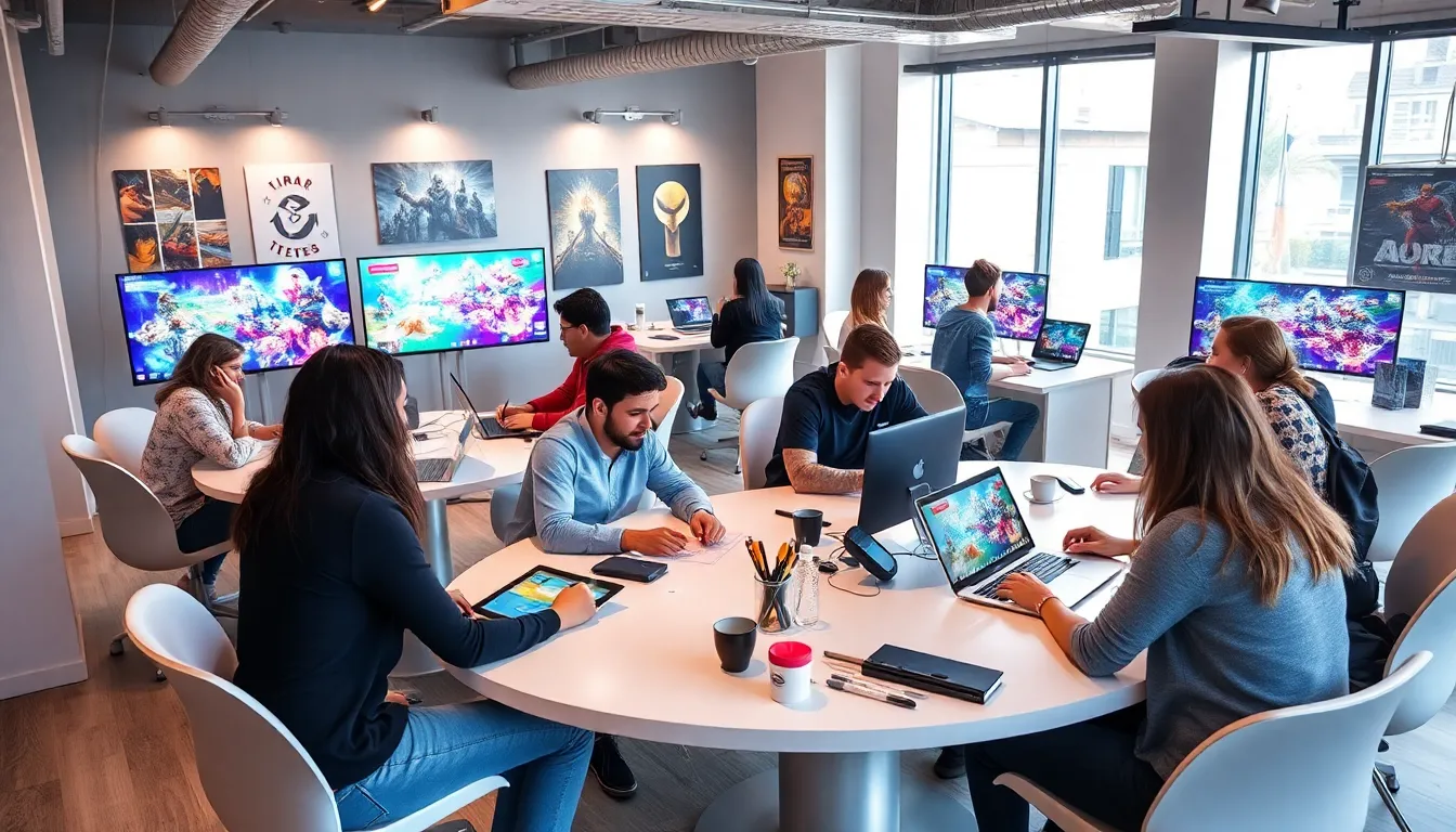 diverse team collaborating in a creative gaming office.