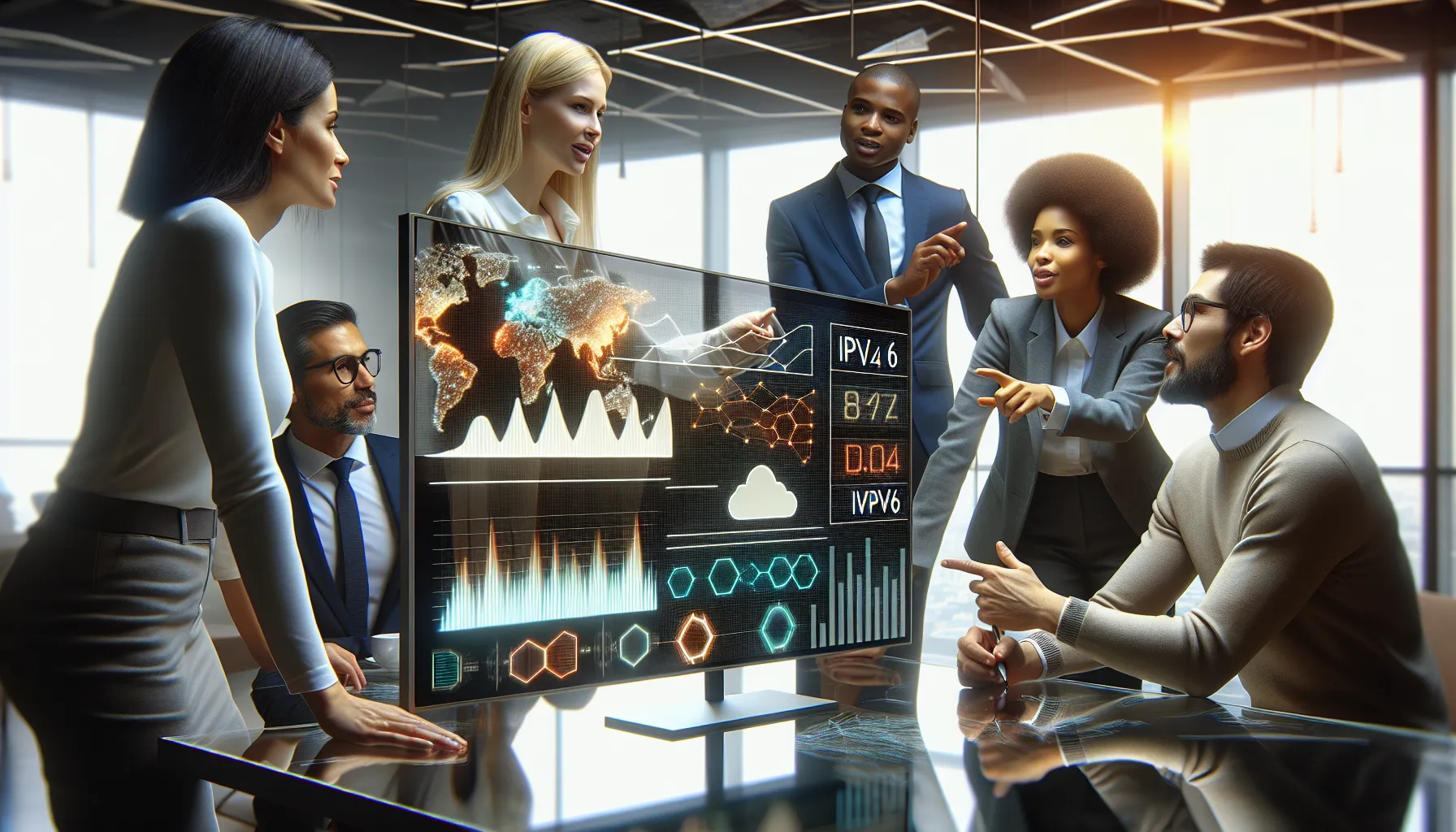 IT team discussing IPv4 and IPv6 in a modern office.