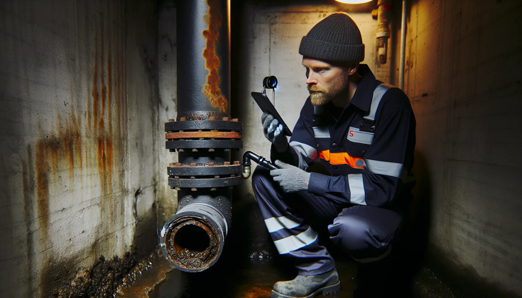 Plumber inspects corroded cast-iron drainpipe with borescope in an old norwegian basement.