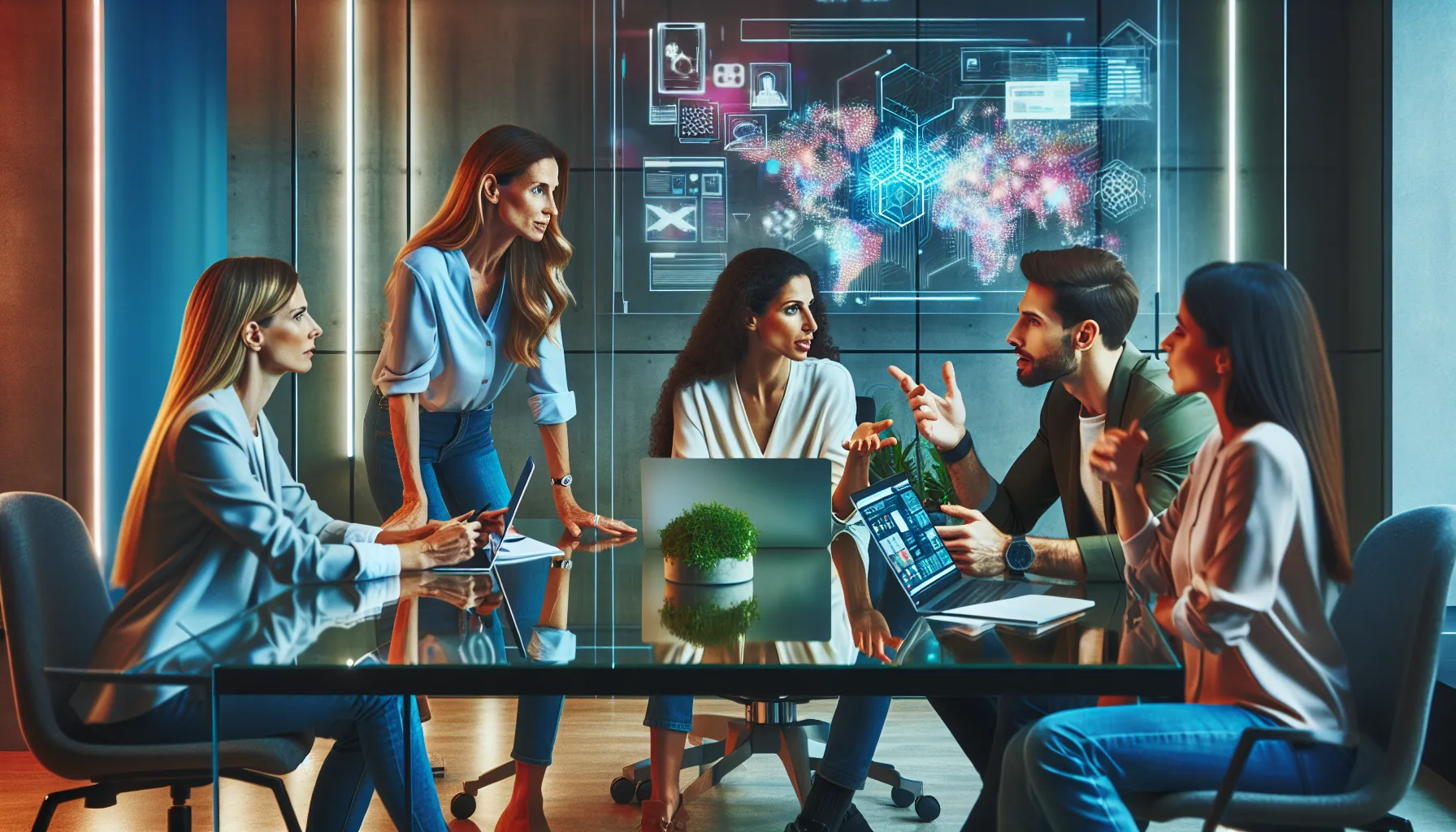 diverse team collaborating in a modern office on digital ideas.