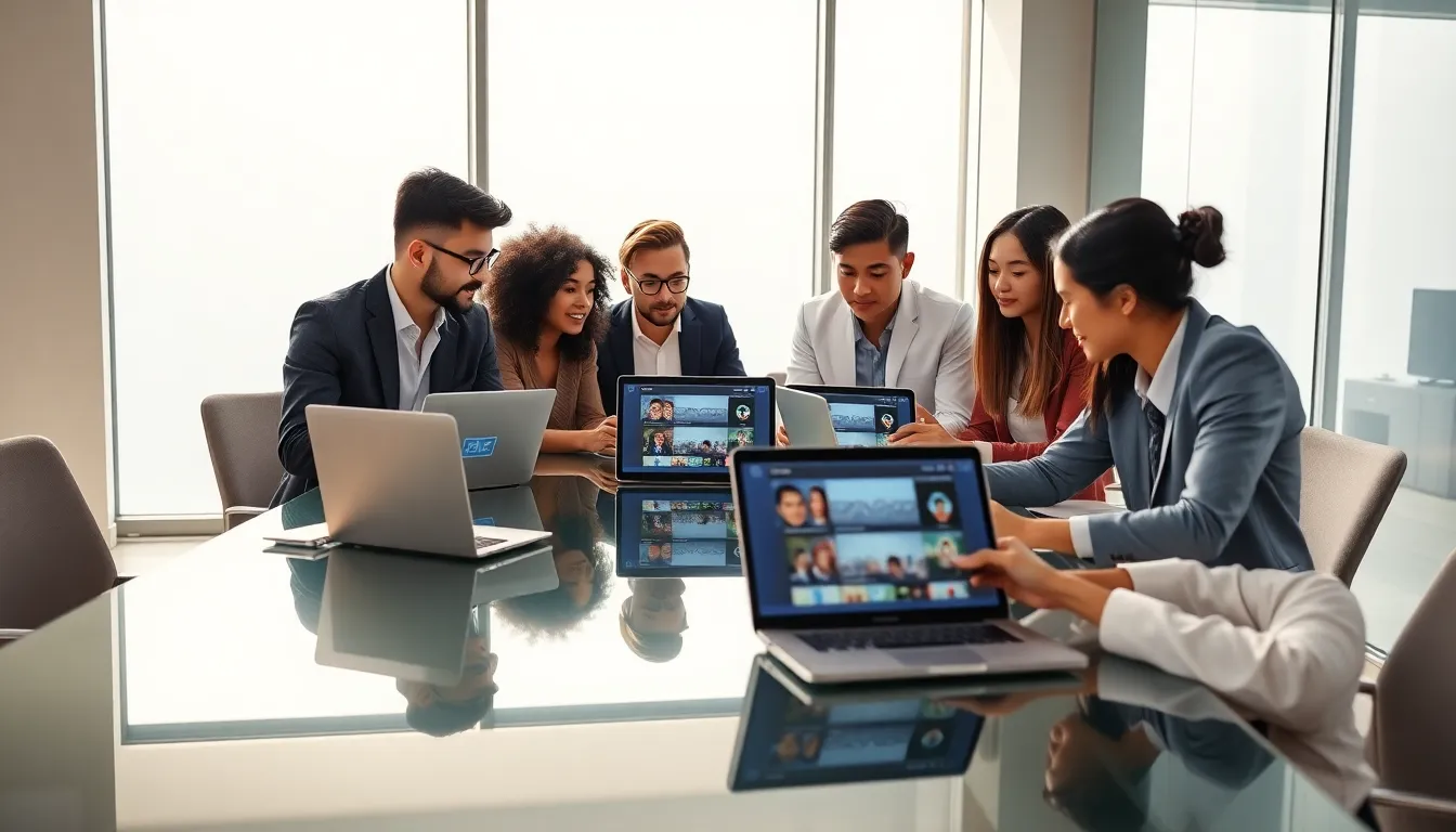 diverse team collaborating at a modern workspace with laptops.