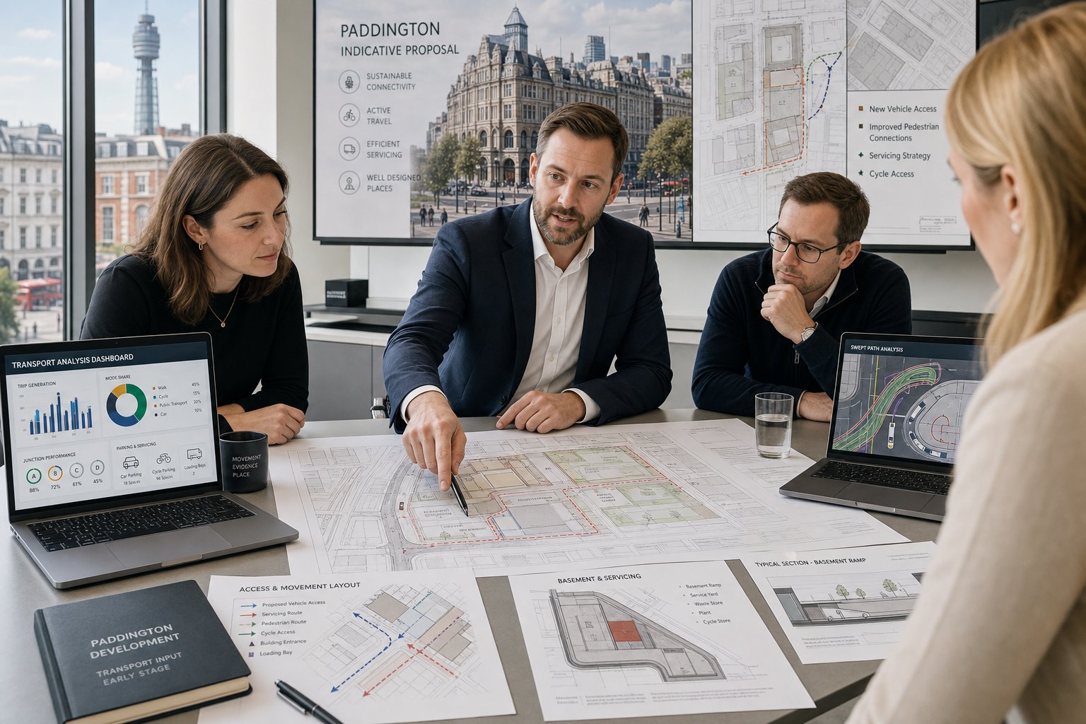 Traffic engineer reviewing Paddington planning and access drawings with a professional team.