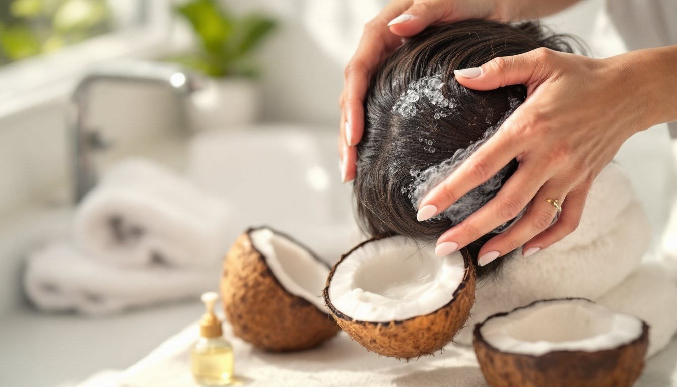 Woman massaging coconut oil into her scalp beside tea tree oil bottle.
