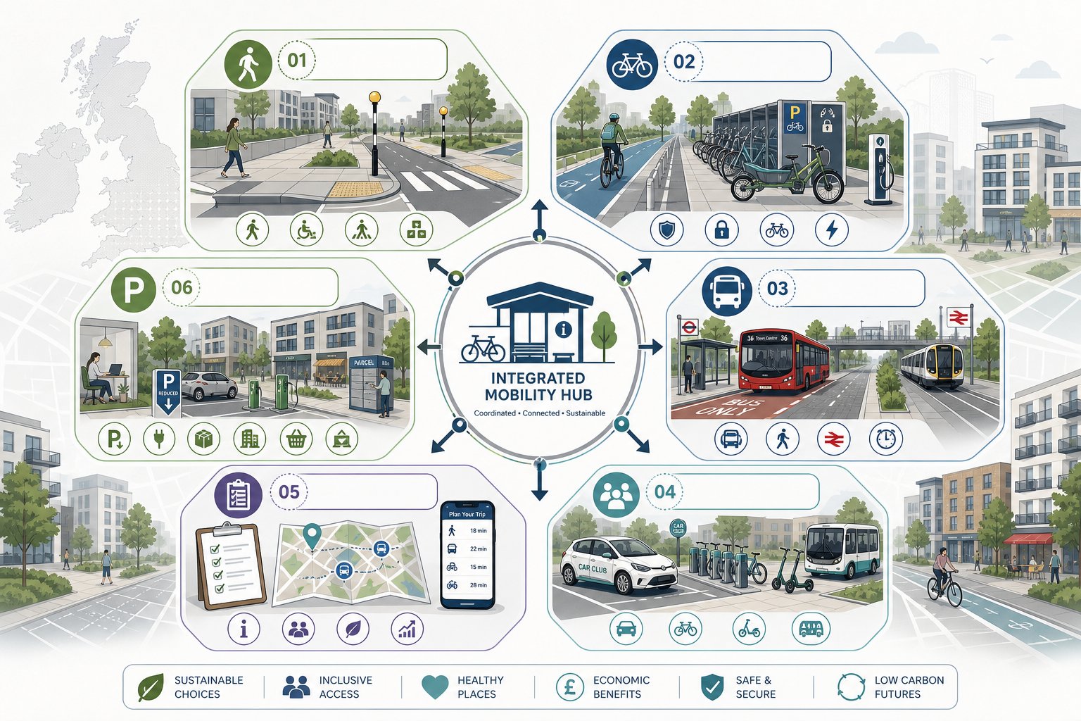 Infographic of six sustainable transport measures for UK new developments.