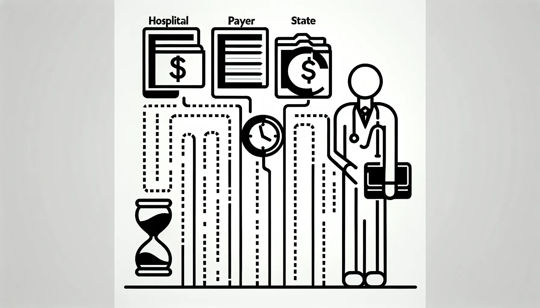 Physician with clipboard surrounded by folders, calendar, hourglass, and verification icons.