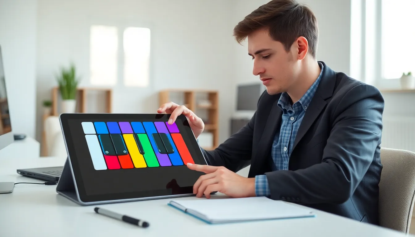 User interacting with a digital xylophone on a tablet in a modern workspace.
