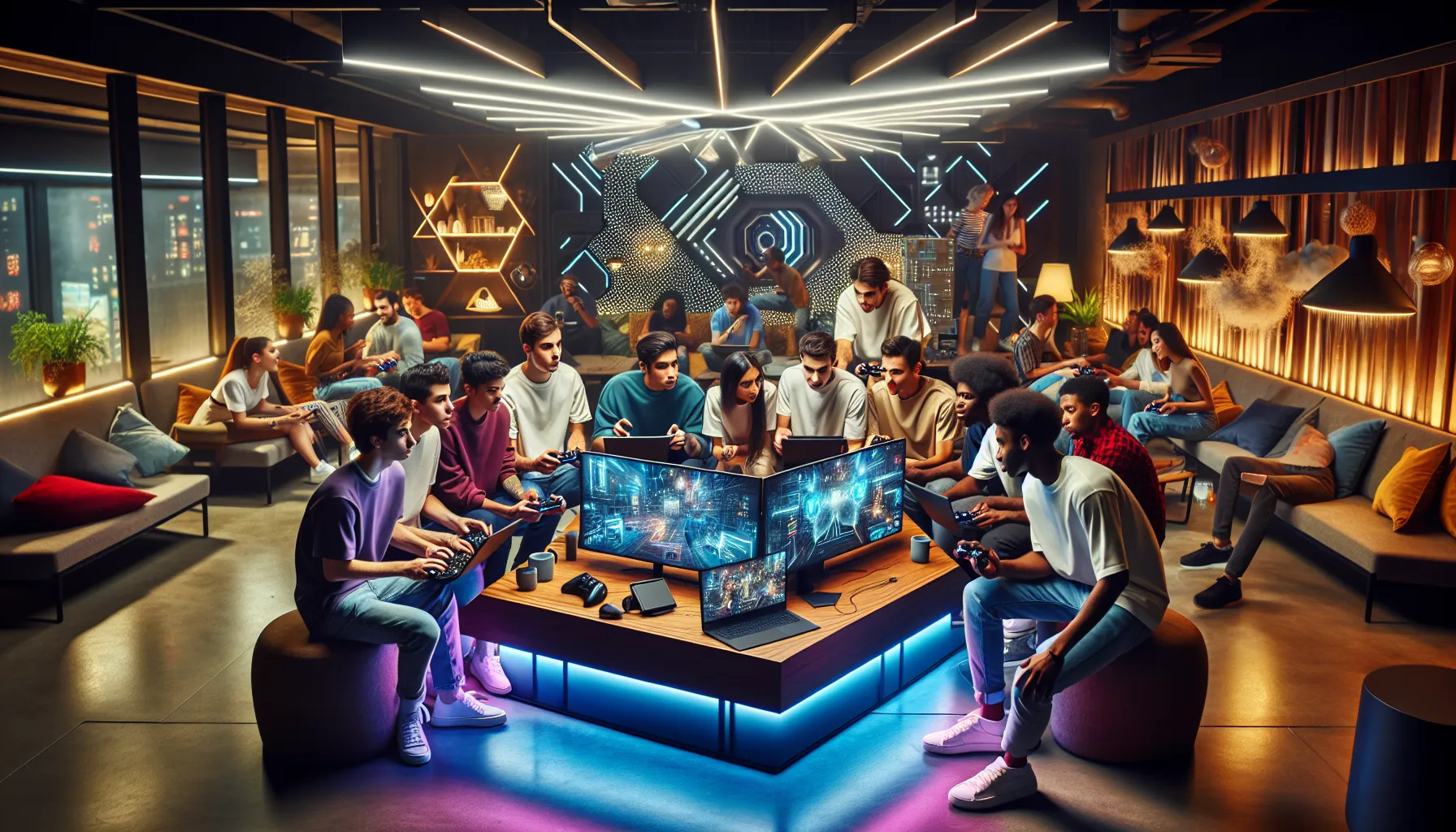 diverse gamers collaborating on creative projects around a modern console.