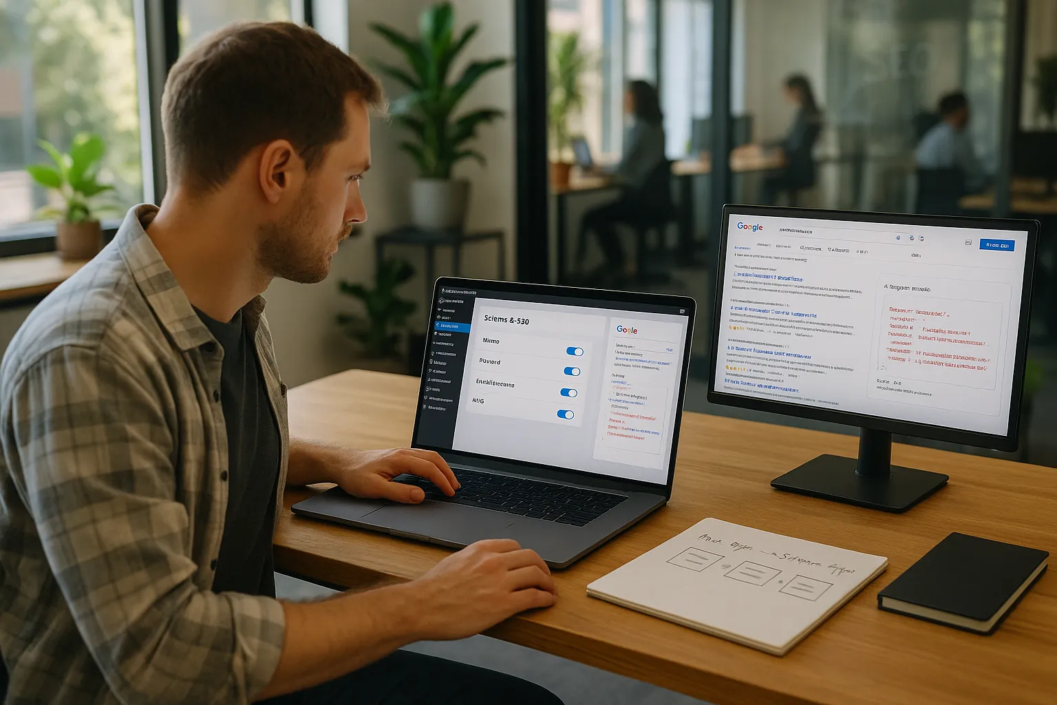 Developer configuring schema in the WordPress dashboard with JSON-LD code on screen.