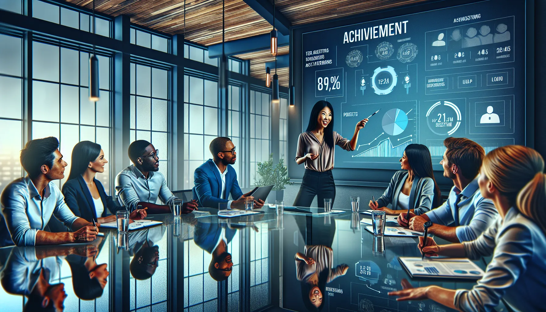 diverse team in a bright office discussing client success stories.