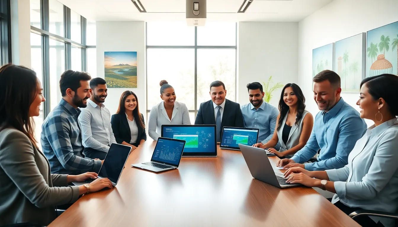 diverse team discussing renewable energy solutions in a modern office.
