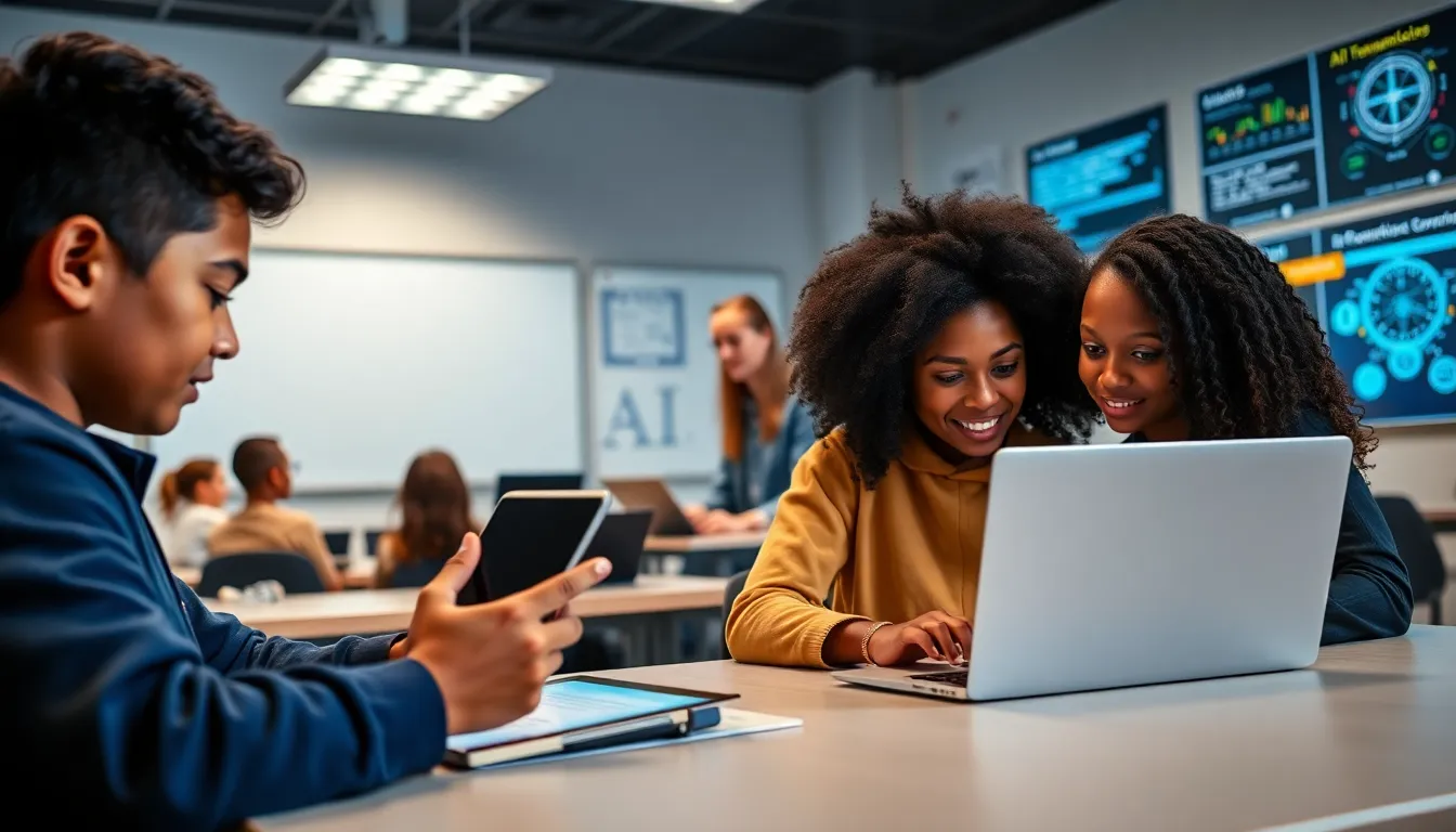 students using technology in a modern classroom focused on AI in education.