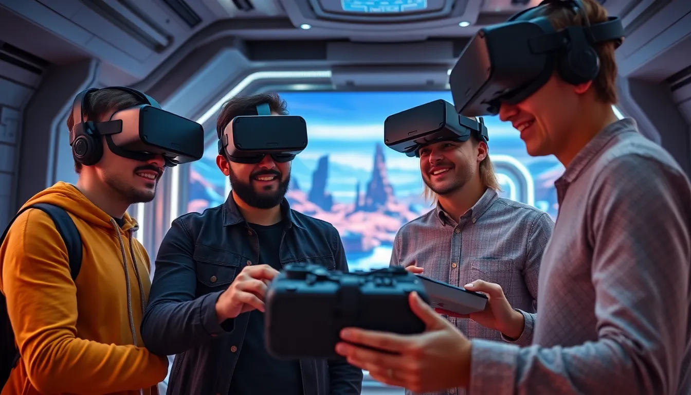 diverse team solving puzzles in a virtual reality escape room.