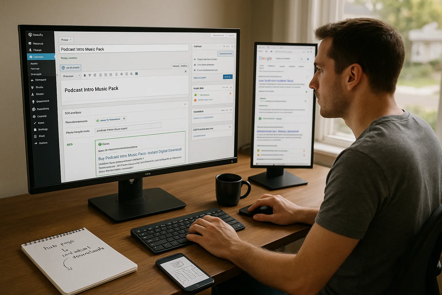 Marketer optimizing an Easy Digital Downloads product page using Yoast SEO on a monitor.