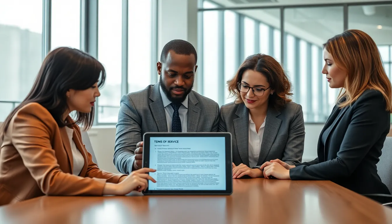 diverse team discussing website terms of service in a modern office.