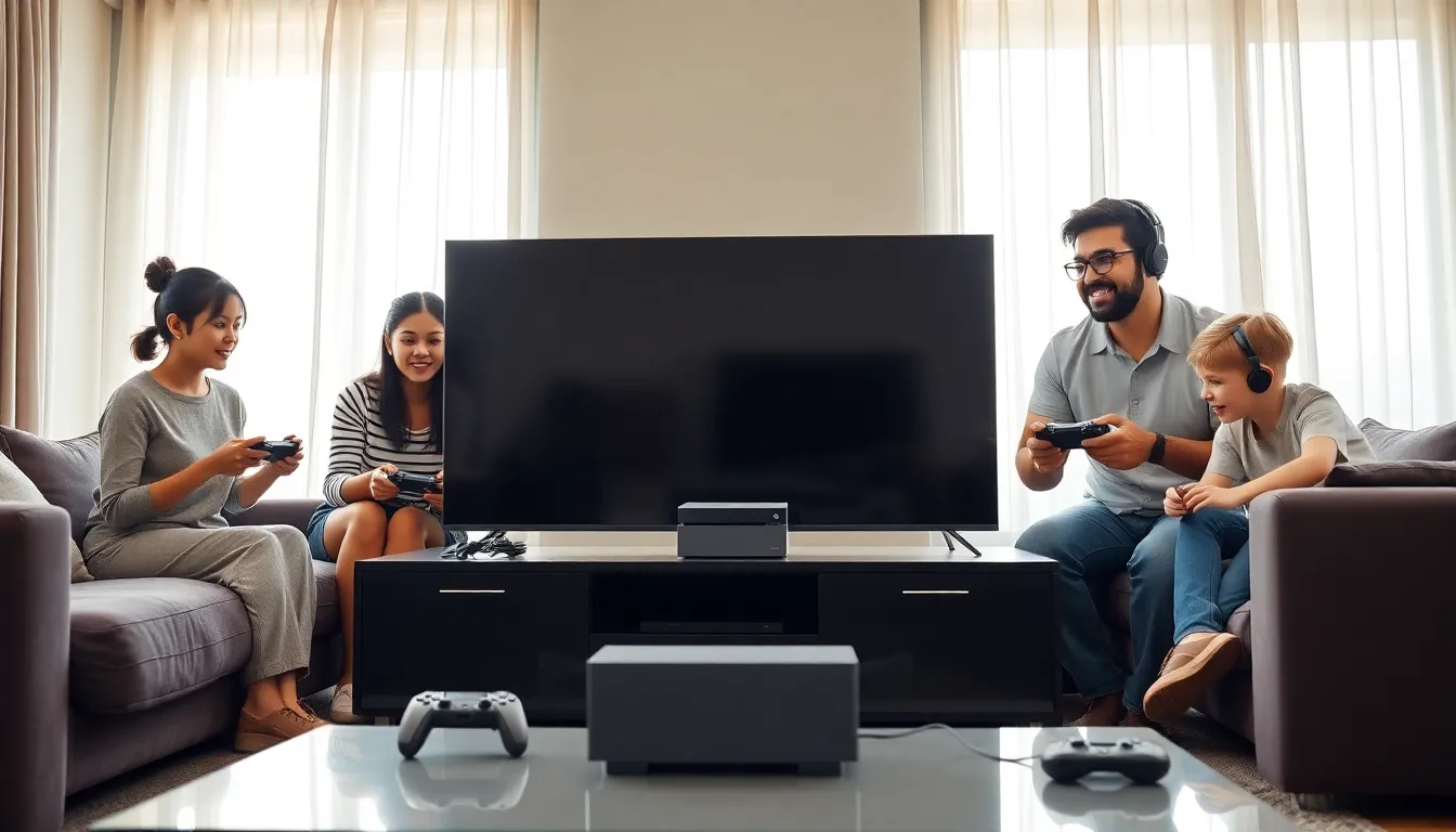 gamers enjoying Thegamearchives console in a modern living room.