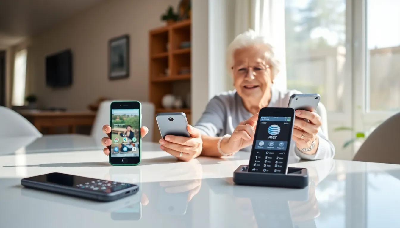elderly couple using user-friendly AT&T phones in a cozy home setting.