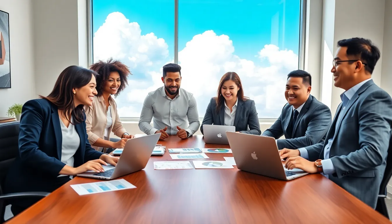 A diverse real estate team collaborating in a bright office.