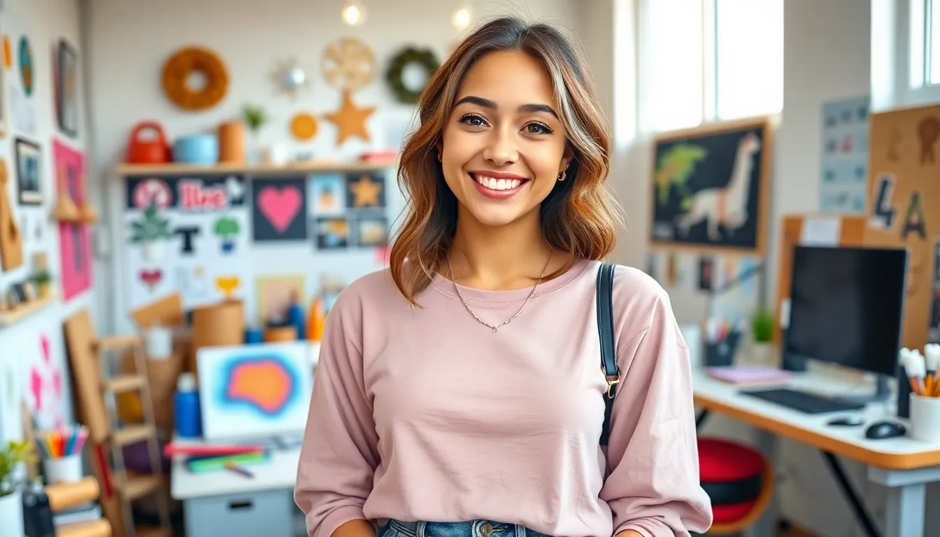 portrait of a young female influencer in a bright creative studio.