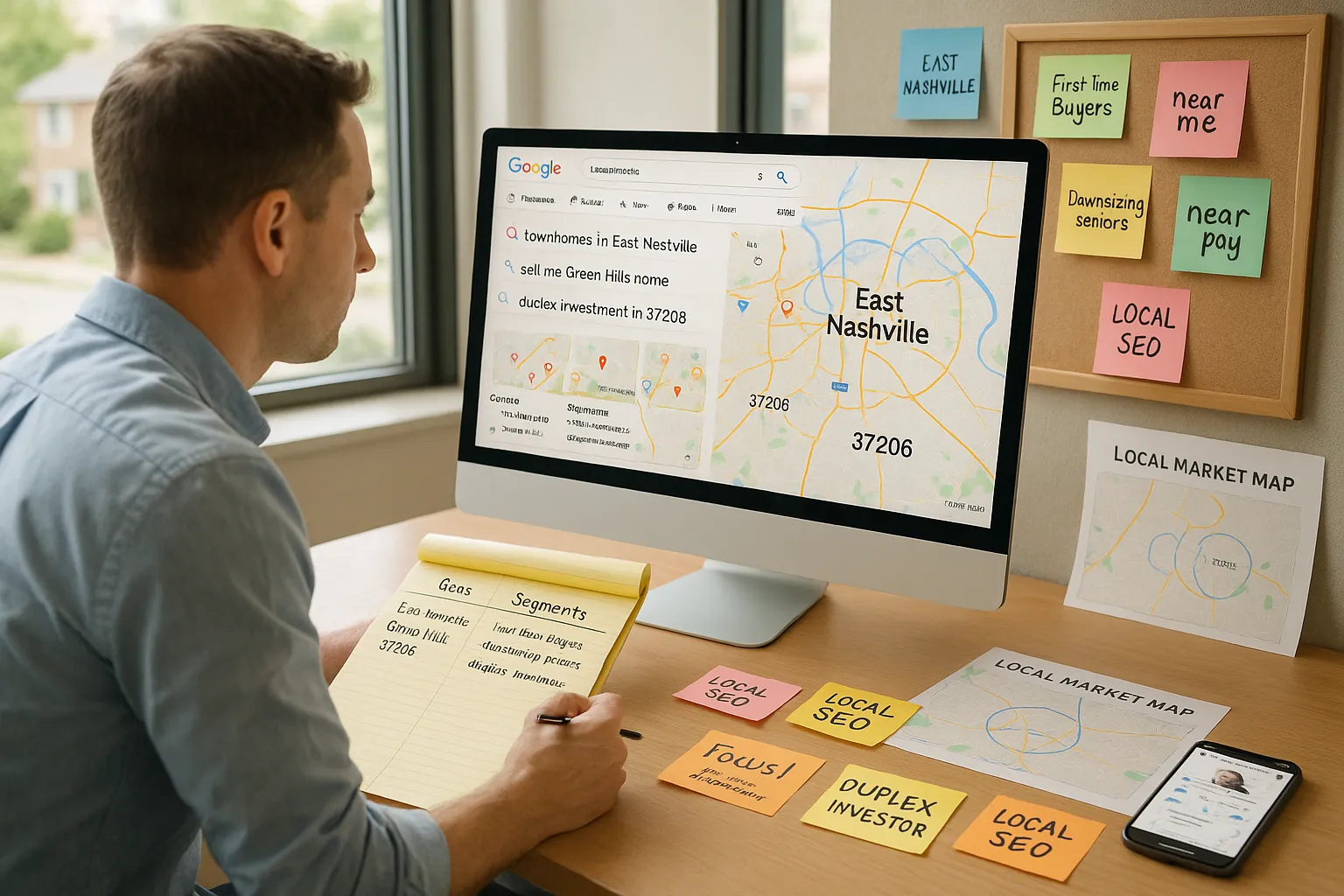 Real estate agent mapping local neighborhoods and client segments for local SEO strategy.
