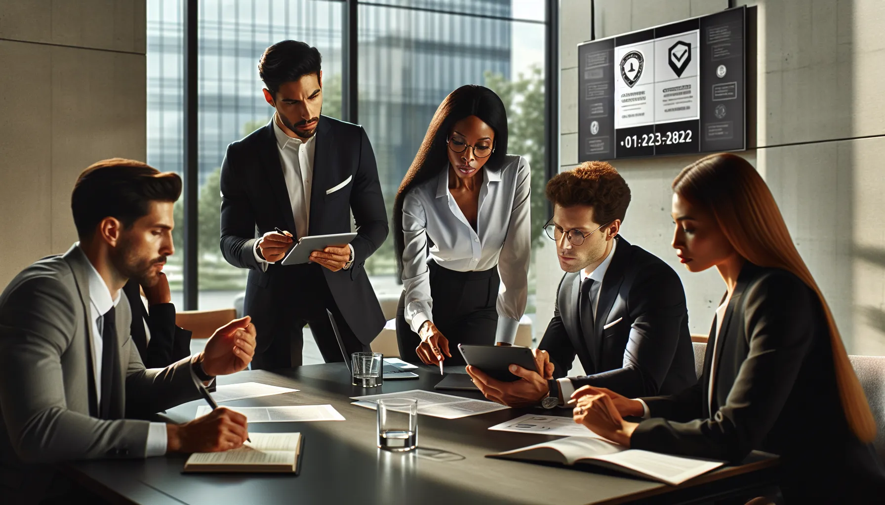 diverse professionals discussing safe telephone interactions in a modern office.