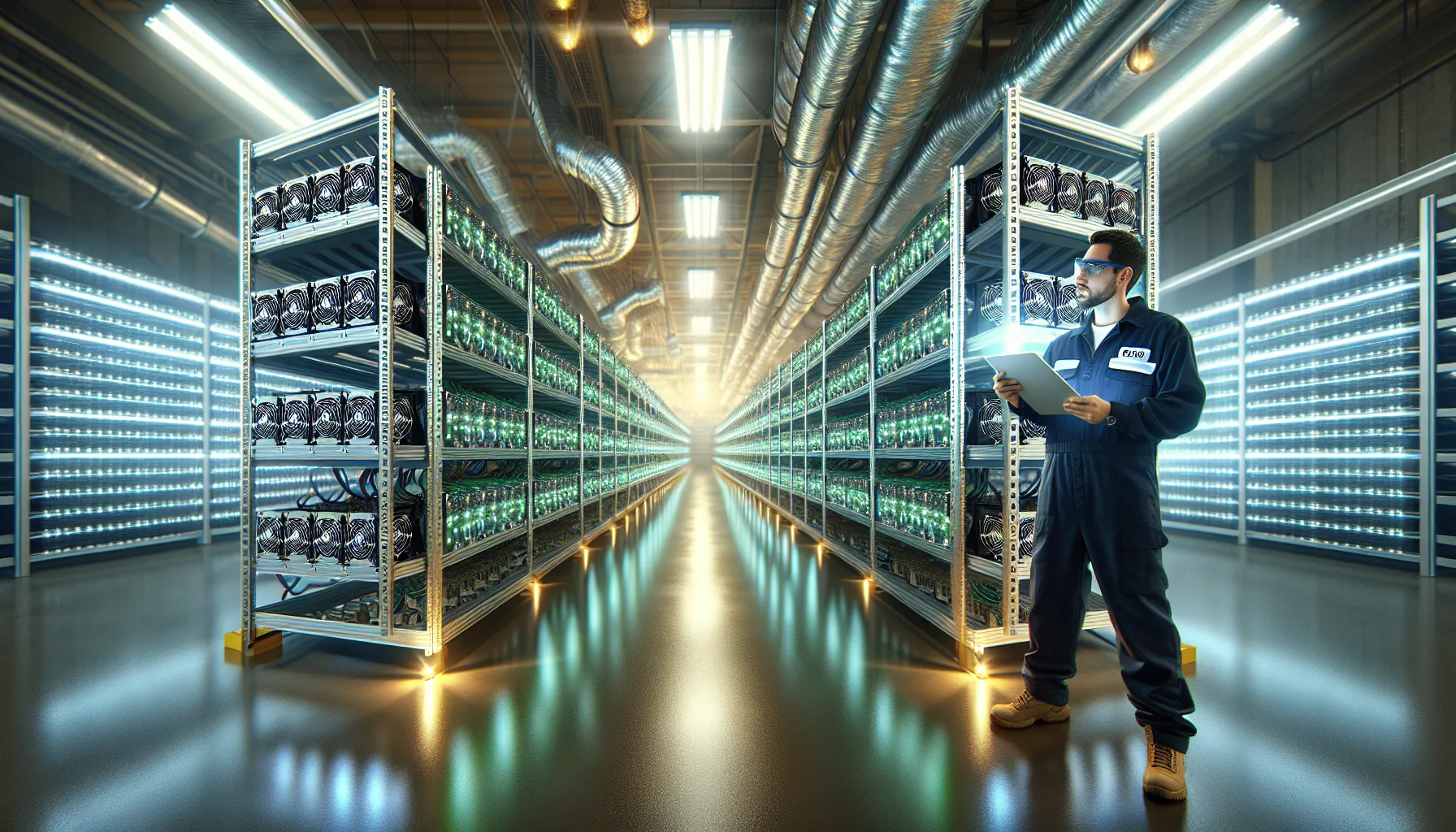 Bitcoin Mining: How It Works and Getting Started 1 Bitcoin mining facility with ASIC rigs and technician monitoring equipment in industrial warehouse.