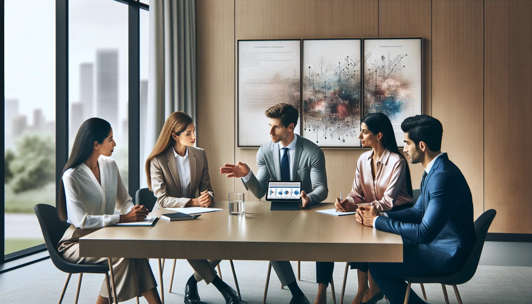 diverse professionals discussing language evolution in a modern office.